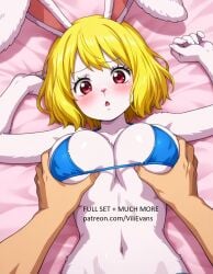 1boy1girl ai_generated big_breasts bikini blonde_hair bunny_girl carrot_(one_piece) faceless_male female furry_female grabbing_breasts looking_at_viewer male male_pov on_back on_bed one_piece pov rabbit_girl red_eyes squeezing_breasts vilievans white_body
