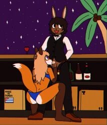 alcohol_bottles anthro bar bartender bikini blonde_hair blue_bikini blue_clothing blue_swimwear box brown_eyes brown_hair canid canine clothing container crischar_foxito cup drinking_glass fellatio female footwear fox genitals glass glass_container glass_cup hair hi_res lagomorph leporid long_hair male male/female mammal oral oral_penetration penetration penile penis purple_eyes rabbit red_clothing red_footwear red_shoes sex shoes suit swimwear two-piece_swimsuit wine_glass zury_(crischar_foxito)