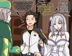1girls 2boys apoelayoshi7 before_sex breasts canon_couple cleavage elf elf_ears elf_female emilia_(re:zero) female large_breasts male natsuki_subaru otto_suwen purple_eyes re:zero_kara_hajimeru_isekai_seikatsu silver_hair swingers