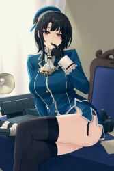 1girls ass beret black_gloves black_hair blue_hat blue_jacket breasts crossed_legs desk female finger_to_mouth garter_straps gloves hat highres indoors jacket kantai_collection large_breasts looking_at_viewer odachu on_desk red_eyes ship_turret short_hair sidelocks sitting solo takao_(kantai_collection) thighhighs