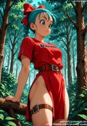 ai_generated aqua_hair arm_support bangs belt blue_eyes blue_hair blue_sky blush bow braid braided_ponytail breasts brown_belt bulma_(dragon_ball) bulma_briefs bulma_briefs closed_mouth clothing cloud day dragon_ball dragon_ball_(classic) dragon_ball_super dragon_ball_z dress english_text eyebrows eyelashes female female female_only forest frown grass hair_ornament hair_ribbon hairbow jousneystudio large_breasts legs lips looking_away medium_breasts mountain nature navel nipples no_panties outdoors plant ponytail red_bow red_dress red_ribbon ribbon shiny_skin shirt short_sleeves sidelocks single_braid sky solo standing thick_thighs thigh_strap thighs tree
