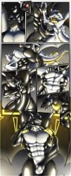 2022 absurd_res baogacc black_body body_takeover bodysuit bulge claws clothing costume_transformation dorsal_fin dorsal_frill dragon ear_fins fin forced forced_transformation frill_(anatomy) grey_body hi_res horn identity_theft latex latex_bodysuit latex_clothing latex_skinsuit latex_transformation male multicolored_body muscular mythological_creature mythological_scalie mythology negadrake null_bulge possession red_eyes scalie skinsuit sol_(drgnsol) spines squeezing_bulge surprised tight_clothing transformation wings zipper