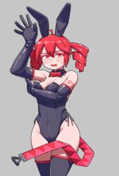 1girls 2d 2d_(artwork) ahoge arm_tattoo armwear big_thighs blush blush_lines bow breasts bunny_ears bunny_girl bunnysuit cleavage curvy curvy_female curvy_figure detached_collar embarrassed embarrassed_female female female_only grey_background kanbaru_mitsuki kasane_teto large_thighs latex latex_armwear latex_legwear medium_breasts navel navel_visible_through_clothes open_mouth playboy_bunny red_eyes red_hair simple_background skindentation slim_waist solo solo_female sweat sweatdrop sweating tail tattoo thick_thighs thighhighs thighs twin_drills utau wide_hips