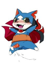 anthro anus blue_fur blush cape clothing cum cum_on_penis dracunyan fangs feline fur male mammal open_mouth penis simple_background solo tapering_penis testicles tongue video_games white_background white_fur yo-kai_watch ケスープ