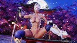 1girls 3d athletic_female black_and_red_and_purple_hair boots breasts female fit_female gear gloves katana kitsune_marks kunimitsu_ii kunoichi mask moon nude purple_shinobi pussy sexy spread_legs sword tekken
