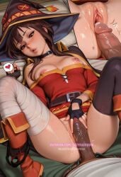 adult_female ai ai_assisted ai_generated anime anime_girl dark-skinned_male dress dress_lift dress_pull hi_res highres imminent_penetration imminent_sex interdress_pull interracial kono_subarashii_sekai_ni_shukufuku_wo! konosuba lazyrainbow megumin nipple_slip nipples sadtomato spread_legs veiny_penis