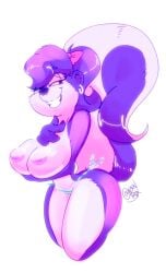 accessory anthro big_breasts biped bow bow_accessory bow_ribbon breasts clothing creamydonuts female fifi_la_fume hair_accessory hair_ribbon hairbow hi_res mammal mephitid nipples piercing ribbons simple_background skunk smile solo standing swimwear tiny_toon_adventures warner_brothers white_background