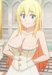 1girls alternate_hairstyle arms_behind_back big_breasts blonde_hair blue_eyes breasts busty cleavage corset darkness_(konosuba) female female_only good_girl hi_res kono_subarashii_sekai_ni_shukufuku_wo! large_breasts long_hair looking_at_viewer pose posing smile solo voluptuous