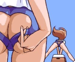 2girls accurate_art_style anus ass background_character bloomers brown_hair butt cameltoe female female_only on_model pixel_art saiwai_hiroshi unnamed_character useless_clothing variable_geo