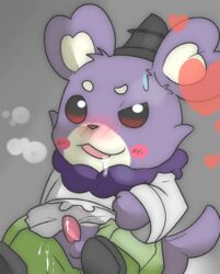 anthro blush breath clothing cum cum_on_penis drooling edit fur grey_background hat heart male male_only penis pookivil purple_fur red_eyes saliva simple_background solo testicles uncensored unknown_artist video_games white_fur yo-kai_watch