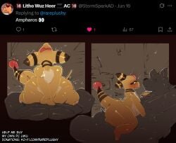 absurd_res ampharos anal anal_sex anthro ass balls big_butt blush bodily_fluids canid canine canis cum duo fur generation_2_pokemon genital_fluids genitals hi_res huge_butt male male/male male_penetrated male_penetrating male_penetrating_male mammal nintendo nude open_mouth penetration penile penis pokemon pokemon_(species) rareplushy sex simple_background size_difference tail text thick_thighs url wide_hips wolf yellow_body