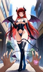 1boy ai_generated bangs bare_shoulders bat_wings bikini black_bikini black_footwear black_gloves black_legwear black_thighhighs blunt_bangs blush boots breasts building choker cleavage closed_mouth clothing corset covered_navel crossed_legs day demon_girl demon_horns demon_tail demon_wings earrings elbow_gloves female female fishnet_thighhighs fishnets footwear gloves halterneck heart heart_earrings high_heel_boots high_heels highleg highleg_bikini holding holding_whip hoop_earrings horns jewelry large_breasts legwear leotard long_hair looking_at_viewer male micro_bikini navel o-ring orange_eyes original outdoors pointy_ears pov_hands pubic_tattoo public_indecency red_eyes red_hair revealing_clothes shoes skindentation sky smile solo_focus standing succubus sweat swimsuit tail tattoo thigh_boots thighhighs thighs very_long_hair walking watson_cross whip wings