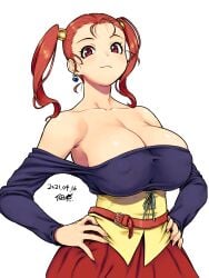 ai_generated breasts brown_hair cleavage crop_top dragon_quest dragon_quest_viii female game_console grin hand_on_own_hip hands_on_own_hips highres jessica_albert large_breasts looking_at_viewer non-web_source playstation_2 revealing_clothes rocket_launcher rpg_(weapon) shiny_skin smile square_enix translation_request tsukudani_(coke-buta) twintails video_game weapon