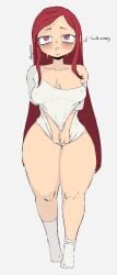 aiba_manami big_head big_thighs blush boku_no_hero_academia breasts breasts clothes_pull dark_circles eepy english_text hair hair_down jeteggs la_brava_(my_hero_academia) medium_breasts morning my_hero_academia nipples nipples_visible_through_clothing pulling_clothing rolled_socks shirt_only shirt_tug shortstack sleepy socks sweat talking talking_to_viewer thick thick_hips thick_legs thick_thighs unique_eyes
