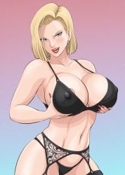 ai_generated android_18 big_breasts black_panties blonde_female blonde_hair blue_eyes bob_cut bra cleavage cleavage_window dragon_ball dragon_ball_super dragon_ball_z female female_focus female_only fondling_breast garter_straps gradient_background high_resolution highres kamegallery lipstick nails nipple_slip no_watermark pawg sexy sexy_body sexy_clothing sexy_pose thick_thighs thong voluptuous voluptuous_female waifu