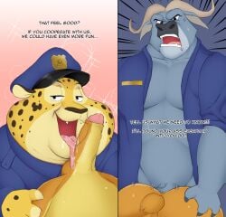 angry angry_sex benjamin_clawhauser bodily_fluids bovid bovine cheetah chief_bogo disney duo english_text felid feline genital_fluids hi_res hypnokoo long_tongue male male/male mammal muscular oral overweight overweight_male penetration police precum sex text tongue tongue_out tonguejob true_buffalo water_buffalo zootopia