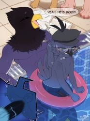 anal anal_sex anthro avian balls beak bird black_body black_feathers calvin_(skelloinn1) claws clothing corvid corvus_(genus) crow drunkrussianman duo erection eyewear eyewear_only feathers femboy genitals glasses glasses_only hat hat_only headgear headgear_only headwear headwear_only hi_res humanoid_genitalia humanoid_penis inflatable inner_tube magpie_(corvid) male male/male male_penetrated male_penetrating male_penetrating_male mostly_nude nude oscine partially_submerged passerine penetration penile penile_penetration penis penis_in_ass poolside sex stealth_sex swimming_pool taiwan_blue_magpie toe_claws water wearing_glasses wearing_hat wide_hips