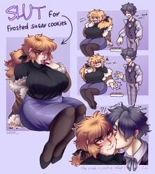 1boy 1girls bbw big_breasts big_tits black_nails blonde_hair blush bomber_jacket boobs brown_eyes chubby chubby_female cocobnuuy comic cute daan_(fear_and_hunger) donut eating english_text fear_and_hunger fear_and_hunger:_termina female full_body fully_clothed hair_over_one_eye huge_breasts karin_(fear_and_hunger) kissing long_hair pantyhose pencil_skirt plump ponytail sitting skirt sweater tits turtleneck turtleneck_sweater wholesome