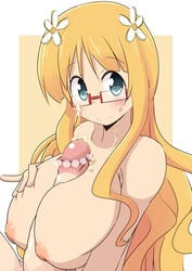 1boy areolae blonde_hair blue_eyes blush breasts cum facial female flower glasses hair_flower hair_ornament huge_breasts inverted_nipples long_hair looking_at_viewer mitsuki_sonoda naruse_mai nipples paizuri penis sakura_trick smile upper_body