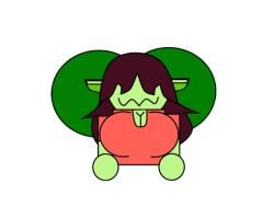 big_ass big_breasts cakedallas32 cleavage cleavage_cutout goblin_female green_hair green_pants hair hair_covering_eyes long_hair not_even_fappable_but_whatever skrappie_(pinefountain777) twerking