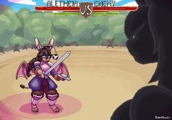 animated anthro ass blue_eyes bodily_fluids braided_hair breasts brown_hair cum cum_covered cum_inside dark_hair defeated destroyed_clothing digital_media_(artwork) duo eyewear female fight gameplay_mechanics genital_fluids genitals glasses gui hair health_bar horn male male/female melee_weapon messy multiple_poses nipples nude pixel_(artwork) pixel_animation pose rennmoose short_stack slideshow sword tail vagina versus vulva warrior weapon wings