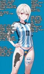 ai_generated argentina asian asian_female blue_thong caption cheating cheating_girlfriend cheating_wife cuckold english_text nakiri_alice netorare ntr owned_by_argentina queen_of_clubs raceplay red_eyes semi_nude shokugeki_no_souma short_hair smile smiling smiling_at_viewer soccer_uniform tattoo tattoo_on_butt tattoos text thong white_hair