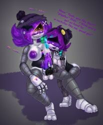 balls ballsack beanie beanie_hat biting_lip breasts female female_on_futa futanari glitch_productions handjob jerking_off jerking_off_another jerkingoff jerkingoff_another murder_drones nipples oc precum precum_drip purple_eyes purple_hair purple_nipples purple_penis purple_precum throbbing_penis tuidytury twitching twitching_penis uzi_(murder_drones) veins
