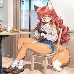 ai_generated amber_eyes black_bra black_bra_straps blush brown_shoes cream_shirt female fox_ears fox_girl fox_humanoid fox_tail glasses gunsmith576 jean_shorts long_hair orange_fur petite_body red_hair sabrina_(fox_girl) shirt_lift small_breasts solo thick_thighs wavy_hair white_socks wild_hair