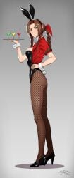 1girls absurdres aerith_gainsborough alternate_costume animal_ears ass black_leotard bow braid braided_ponytail braided_sidelock breasts brown_hair closed_mouth cocktail_glass cropped_jacket cup drinking_glass fake_animal_ears fake_tail female final_fantasy final_fantasy_vii final_fantasy_vii_remake fishnet_pantyhose fishnets from_side full_body green_eyes grey_background hairbow hand_on_own_hip high_heels highres jacket legs leotard long_legs looking_at_viewer medium_breasts pantyhose playboy_bunny rabbit_ears rabbit_tail red_jacket sgk simple_background solo standing tail tray wrist_cuffs