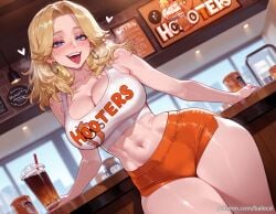 ai_generated balecxi blonde_hair blue_eyes brand_name_imitation cleavage crop_top disposable_cup employee_uniform female heart heart-shaped_pupils hoop_earrings jewelry large_breasts long_hair looking_at_viewer marvel marvel_rivals navel open_mouth orange_shorts short_shorts smile solo sue_storm symbol-shaped_pupils tank_top teeth thighs tongue tongue_out
