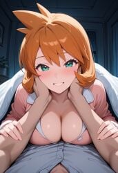 1boy ai_generated aqua_eyes bangs bed bed_sheet blush breasts clavicle cleavage clothing collarbone cowgirl_position curtains female female green_eyes grin hand_on_another's_cheek hand_on_another's_face hands_on_another's_face indoors kasumi_(pokemon) kasumi_(pokemon) large_breasts long_sleeves looking_at_viewer lying male misty_(pokemon_hgss) navel nipples on_bed open_clothes orange_hair pajamas penis pillow pokemon pokemon_(anime) pokemon_character sex shirt short_hair sitting smile solo_focus spread_legs straight thighs under_covers white_shirt window