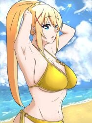 1girls armpits arms_behind_head beach big_breasts bikini blue_eyes breasts busty cleavage darkness_(konosuba) female female_only highres kono_subarashii_sekai_ni_shukufuku_wo! large_breasts legs looking_at_viewer navel ocean parted_lips pose posing sexy sexy_pose sideboob swimsuit thighs tongue voluptuous water yellow_bikini