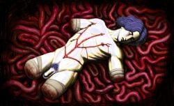 amputee bandages blood blood_stain blue_hair cahara closed_eyes completely_nude fear_and_hunger flaccid guro guts jleryxa male_pubic_hair nonsexual_nudity nude on_back penis pubic_hair quadruple_amputee ribs scarification uncensored wavy_hair