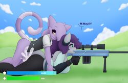 absurd_res all_fours anthro bodily_fluids canid canine canis clothed clothed/nude clothed_sex clothing cloud cum cum_inside dane_(max_draws) dialogue domestic_cat duo epic_games felid feline felis female fortnite from_behind_position gameplay_mechanics genital_fluids gloves gui gun handwear healing_sex health_bar hi_res horn lying male male/female mammal max_draws mercury_(mercuryshatter1) nude open_mouth outside_sex prone_bone_position ranged_weapon rifle sex shield_bar side_view sniper_rifle surprised_expression weapon wolf
