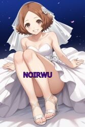 ai_generated dress feet happy haru_okumura high_heels highres night noirwu persona_5 smile toes wedding_dress white_high_heels