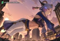 1girls abs absurd_res ai_generated blue_eyes female foot_fetish footwear giant_ass giant_breasts giant_thighs giantess giantess_feet giantess_growth goddess growth gtsdimensionjumper horn horns league_of_legends midriff navel navel_cutout pink_hair purple_hair size_difference toeless_legwear toes yunara yunara_(league_of_legends)