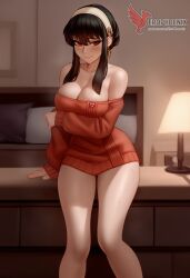 1girls 2d ai_generated ass bare_shoulders big_ass big_breasts black_hair blush breasts cleavage earrings erophoenix female female_focus full_body hairband jewelry long_hair looking_at_viewer off-shoulder_sweater pantyhose patreon_username smile solo solo_female spy_x_family sweater thick thick_thighs uncensored yor_briar yor_forger