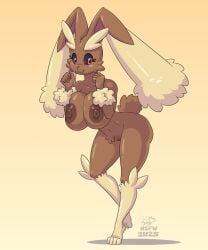 2025 4_fingers 5_fingers anthro areola arm_tuft artist_logo bent_over big_breasts big_ears black_sclera breasts brown_areola brown_body brown_fur brown_nipples brown_pubes cel_shading cheek_tuft collarbone dipstick_ears ear_markings eyebrows eyelashes facial_tuft female fingers floppy_ears fur generation_4_pokemon gradient_background hi_res knee_tuft leg_markings leg_tuft logo lop_ears lopunny markings multicolored_ears navel nintendo nipples nude pink_eyes pokemon pokemon_(species) pubes purple_inner_ear reddened_pussy sammfeatblueheart shaded shadow signature simple_background socks_(marking) solo standing tan_background tan_body tan_eyebrows tan_fur thick_eyebrows tuft wrist_tuft