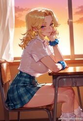 ai_generated balecxi blonde_hair blue_eyes blue_scrunchie blush classroom closed_mouth curtains female hoop_earrings indoors jewelry large_breasts long_hair looking_at_viewer marvel marvel_rivals plaid plaid_skirt pleated_skirt school_chair school_desk short_sleeves sitting smile solo sue_storm sunset thighs white_shirt white_socks window wrist_scrunchie