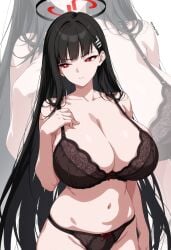 1girls ai_generated black_hair blue_archive bow_bra bow_panties curvy hairclip halo huge_breasts irofox lace red_eyes ringed_eyes rio_(blue_archive) solo standing underwear underwear_only very_long_hair white_pupils zoom_layer