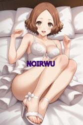 ai_generated brown_eyes brown_hair feet fluffy_hair happy haru_okumura high_heels highres lingerie medium_breasts medium_hair noirwu on_bed persona_5 toes white_high_heels