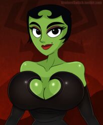 aku big_breasts black_eyes black_hair breasts female freckles green_skin ikra mtf_transformation samurai_jack solo ventureswitch