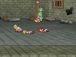 2boys 2girls 3girls all_fours animated blonde_hair blue_eyes breasts brown_hair cg colored_skin doggy_style dress from_above goblin_male goblin_walker long_hair lying monster monster_rape multiple_boys multiple_girls nude official_art open_mouth pointy_ears rape red_hair retro_artstyle sex sex_from_behind shirt shorts sound squatting straight tagme video