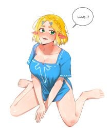 1girls barefoot between_legs big_egg526 blonde_hair blue_shirt blush breasts champion's_tunic_(zelda) collarbone feet female green_eyes hair_ornament hairclip hand_between_legs highres looking_at_viewer nintendo no_pants pointy_ears princess_zelda shirt short_hair simple_background sitting solo speech_bubble the_legend_of_zelda the_legend_of_zelda:_tears_of_the_kingdom toes wariza white_background
