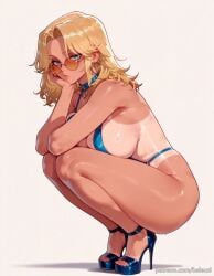 ai_generated balecxi blonde_hair blue_eyes blue_footwear female full_body head_rest high_heels hoop_earrings jewelry large_breasts looking_at_viewer looking_over_eyewear marvel marvel_rivals nail_polish o-ring patreon_username simple_background solo squatting sue_storm sunglasses swimsuit tan tanlines tinted_eyewear