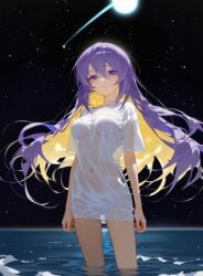 1girls ai_generated belly belly_button blonde_hair hololive hololive_indonesia in_water large_breasts long_hair moon moona_hoshinova naked_shirt navel night purple_eyes purple_hair stars virtual_youtuber yellow_eyes