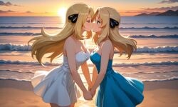 beach blonde_hair cynthia_(pokemon) dress kay_(girls_und_panzer) kissing lesbian_kiss women_only yuri