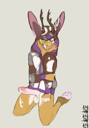 anthro antlers artemis cum erection fur furry hoodie horn jackalope kneeling lagomorph licking licking_lips lost-paw male male_only mammal multicolored_fur penis rabbit sleepylp testicles tongue tongue_out