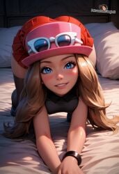 ai_generated ass_up bed bending_forward bending_over bent_forward bent_over blue_eyes blush blush_lines cute_girl dramatic_lighting glasses glasses_on_head hat horny horny_female inviting_to_sex jaajaai long_hair nintendo on_bed pink_hat pink_headwear pokemon pokemon_xy red_skirt seductive seductive_gaze seductive_look seductive_pose serena_(pokemon) sfw shiny_skin skirt smile smiling_at_viewer smirk smirking_at_viewer smooth_skin tagme teasing