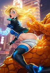 ai_generated ben_grimm blonde_hair fantastic_four forced human_torch human_torch_(marvel_rivals) johnny_storm luna_snow_(cosplay) marvel marvel_comics marvel_rivals raped rule_63 taken_from_behind the_thing_(marvel)
